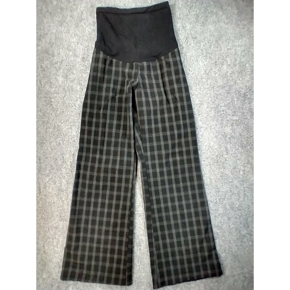 Motherhood Maternity Black Grey Plaid Wide Leg Dress Pants Full Belly Panel M